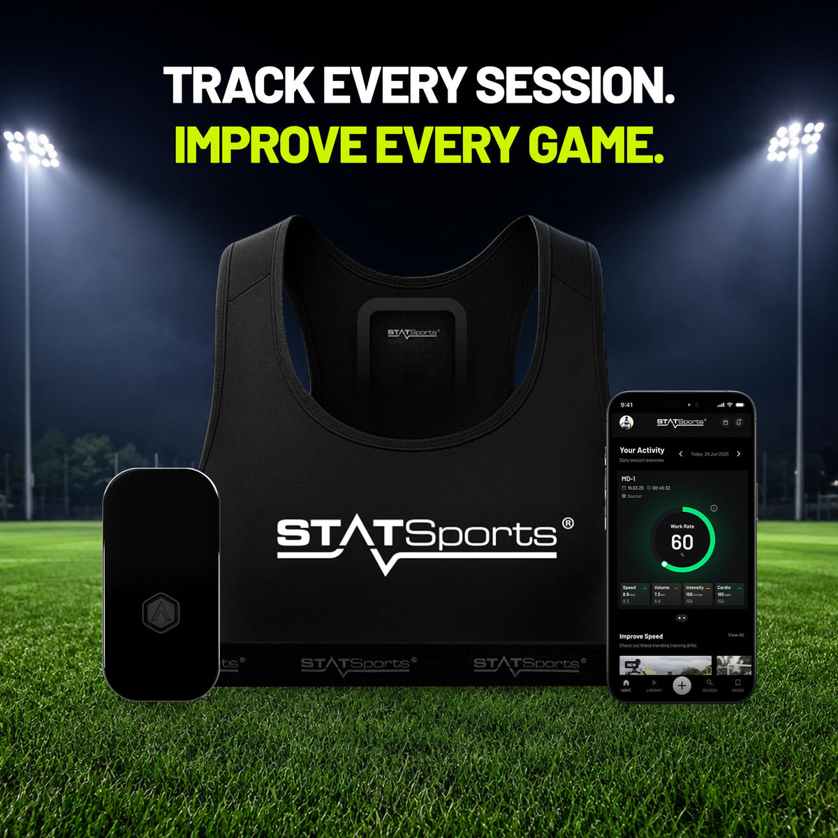STATSports Academy black vest with GPS tracker and app